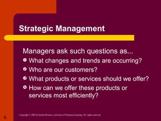 Strategic Management
Managers ask such questions as...
What changes and trends are occurring?
 Who are our customers?
 What products or services should we offer?
 How can we offer these products or
services most efficiently?


6

Copyright © 2005 by South-Western, a division of Thomson Learning. All rights reserved.

 