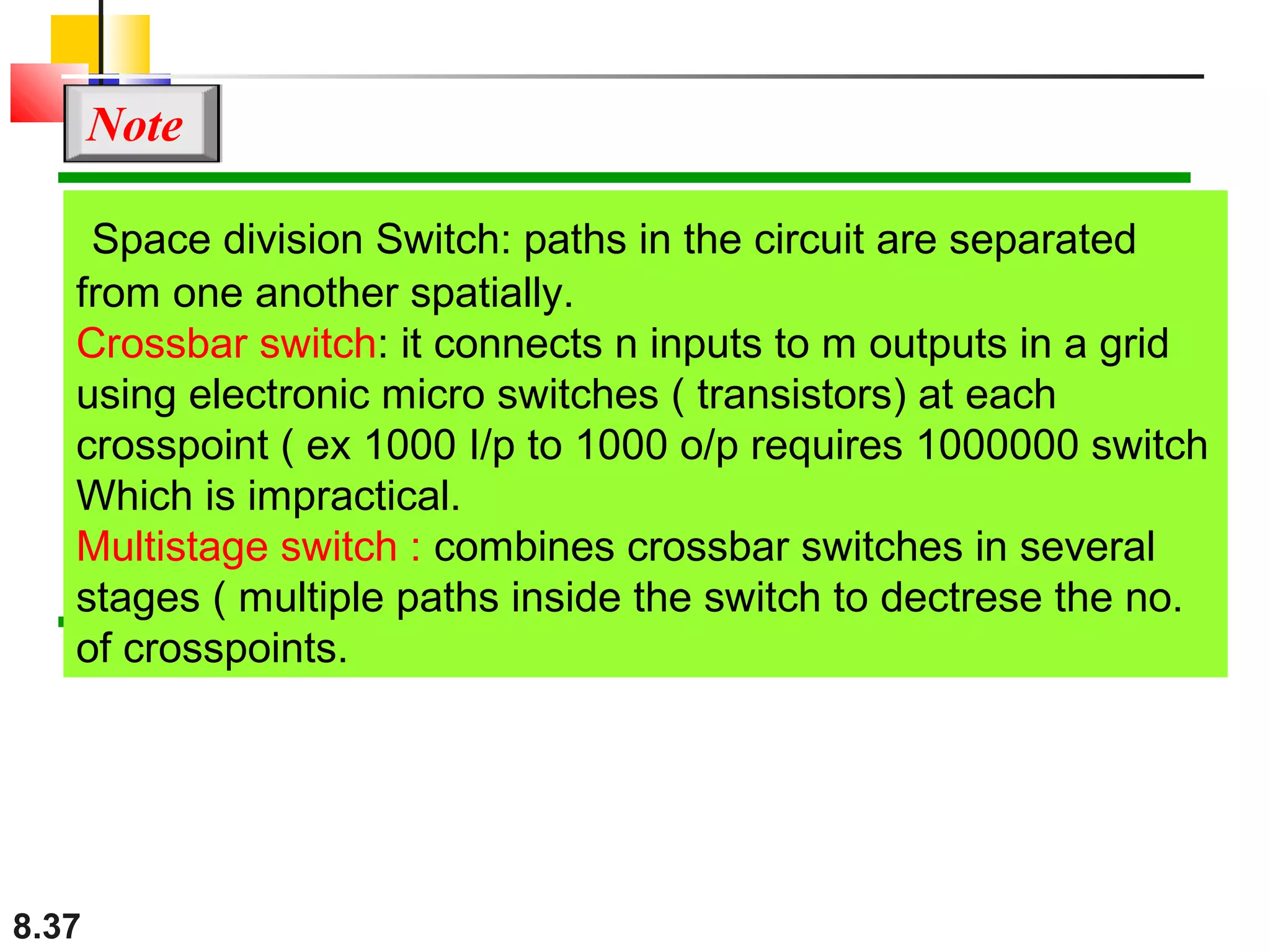 Note
Space division Switch: paths in the circuit are separated
from one another spatially.
Crossbar switch: it connects n inputs to m outputs in a grid
using electronic micro switches ( transistors) at each
crosspoint ( ex 1000 I/p to 1000 o/p requires 1000000 switch
Which is impractical.
Multistage switch : combines crossbar switches in several
stages ( multiple paths inside the switch to dectrese the no.
of crosspoints.

8.37

 