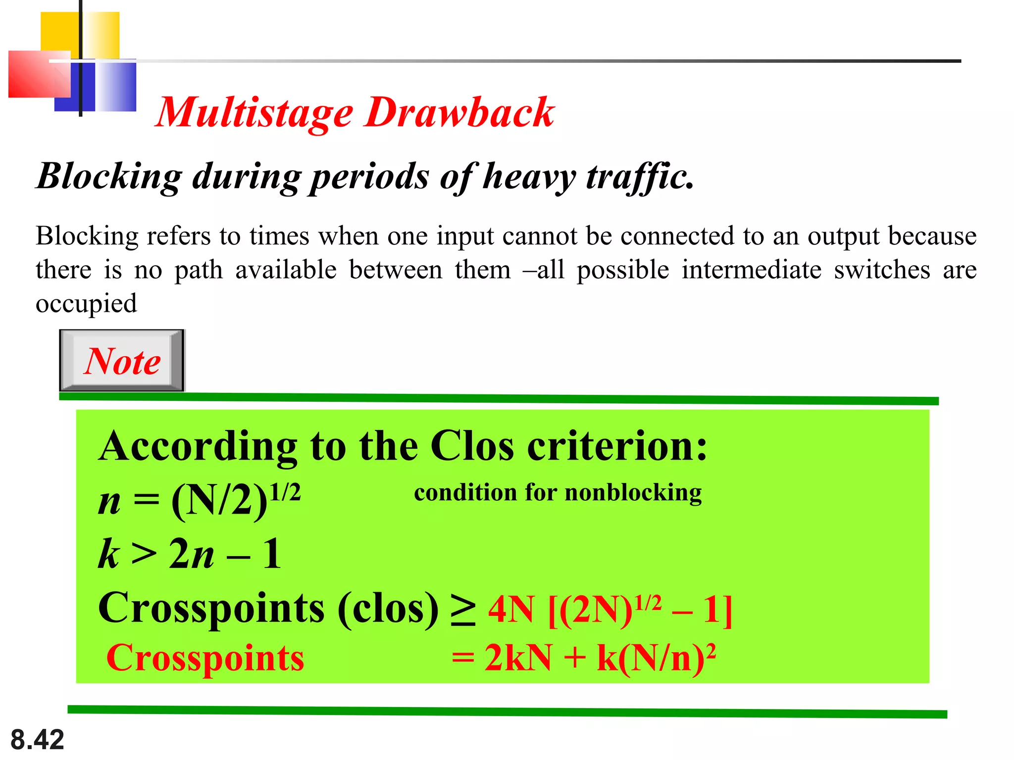 Multistage Drawback
Blocking during periods of heavy traffic.
Blocking refers to times when one input cannot be connected to an output because
there is no path available between them –all possible intermediate switches are
occupied

Note

According to the Clos criterion:
condition for nonblocking
n = (N/2)1/2
k > 2n – 1
Crosspoints (clos) ≥ 4N [(2N)1/2 – 1]
Crosspoints
8.42

= 2kN + k(N/n)2

 