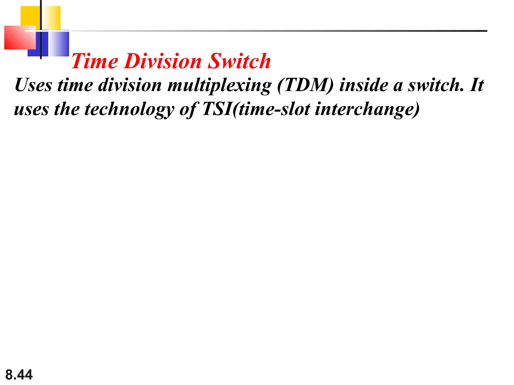 Time Division Switch
Uses time division multiplexing (TDM) inside a switch. It
uses the technology of TSI(time-slot interchange)

8.44

 