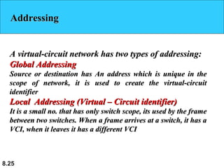 Addressing

A virtual-circuit network has two types of addressing:
Global Addressing
Source or destination has An address which is unique in the
scope of network, it is used to create the virtual-circuit
identifier

Local Addressing (Virtual – Circuit identifier)
It is a small no. that has only switch scope, its used by the frame
between two switches. When a frame arrives at a switch, it has a
VCI, when it leaves it has a different VCI

8.25

 