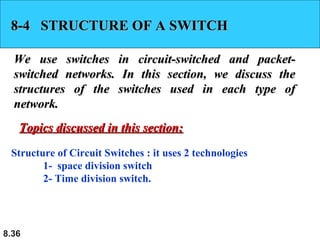 8-4 STRUCTURE OF A SWITCH
We use switches in circuit-switched and packetswitched networks. In this section, we discuss the
structures of the switches used in each type of
network.
Topics discussed in this section:
Structure of Circuit Switches : it uses 2 technologies
1- space division switch
2- Time division switch.

8.36

 