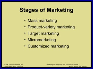 ©2006 Pearson Education, Inc. Marketing for Hospitality and Tourism, 4th edition
Upper Saddle River, NJ 07458 Kotler, Bowen, and Makens
Stages of Marketing
• Mass marketing
• Product-variety marketing
• Target marketing
• Micromarketing
• Customized marketing
©2006 Pearson Education, Inc. Marketing for Hospitality and Tourism, 4th edition
Upper Saddle River, NJ 07458 Kotler, Bowen, and Makens
 
