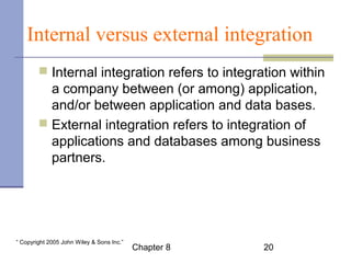 Internal versus external integration 
 Internal integration refers to integration within 
a company between (or among) application, 
and/or between application and data bases. 
 External integration refers to integration of 
applications and databases among business 
partners. 
Chapter 8 20 “ Copyright 2005 John Wiley & Sons Inc.” 
 