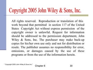 All rights reserved. Reproduction or translation of this 
work beyond that permitted in section 117 of the United 
States Copyright Act without express permission of the 
copyright owner is unlawful. Request for information 
should be addressed to the permission department, John 
Wiley & Sons, Inc. The purchaser may make back-up 
copies for his/her own use only and not for distribution or 
resale. The publisher assumes no responsibility for error, 
omissions, or damages caused by the use of these 
programs or from the use of the information herein. 
Chapter 8 30 “ Copyright 2005 John Wiley & Sons Inc.” 
