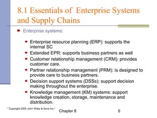8.1 Essentials of Enterprise Systems 
and Supply Chains 
Enterprise systems: System or process that involve the 
entire enterprise or major portions of it. 
Enterprise resource planning (ERP): supports the 
internal SC 
Extended EPR: supports business partners as well 
Customer relationship management (CRM): provides 
customer care. 
Partner relationship management (PRM): is designed to 
provide care to business partners. 
Decision support systems (DSSs): support decision 
making throughout the enterprise. 
Knowledge management (KM) systems: support 
knowledge creation, storage, maintenance and 
distribution. 
Chapter 8 5 “ Copyright 2005 John Wiley & Sons Inc.” 
 