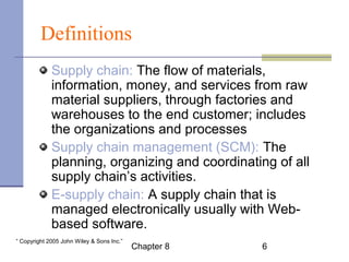 Definitions 
Supply chain: The flow of materials, 
information, money, and services from raw 
material suppliers, through factories and 
warehouses to the end customer; includes 
the organizations and processes involved. 
Supply chain management (SCM): The 
planning, organizing and coordinating of all 
supply chain’s activities. 
E-supply chain: A supply chain that is 
managed electronically usually with Web-based 
software. 
Chapter 8 6 “ Copyright 2005 John Wiley & Sons Inc.” 
 