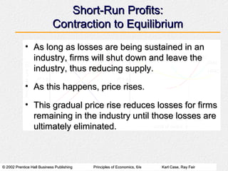 © 2002 Prentice Hall Business Publishing© 2002 Prentice Hall Business Publishing Principles of Economics, 6/ePrinciples of Economics, 6/e Karl Case, Ray FairKarl Case, Ray Fair
Short-Run Profits:Short-Run Profits:
Contraction to EquilibriumContraction to Equilibrium
• As long as losses are being sustained in anAs long as losses are being sustained in an
industry, firms will shut down and leave theindustry, firms will shut down and leave the
industry, thus reducing supply.industry, thus reducing supply.
• As this happens, price rises.As this happens, price rises.
• This gradual price rise reduces losses for firmsThis gradual price rise reduces losses for firms
remaining in the industry until those losses areremaining in the industry until those losses are
ultimately eliminated.ultimately eliminated.
 