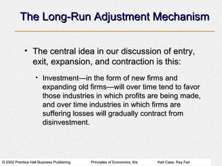 © 2002 Prentice Hall Business Publishing© 2002 Prentice Hall Business Publishing Principles of Economics, 6/ePrinciples of Economics, 6/e Karl Case, Ray FairKarl Case, Ray Fair
• The central idea in our discussion of entry,The central idea in our discussion of entry,
exit, expansion, and contraction is this:exit, expansion, and contraction is this:
The Long-Run Adjustment MechanismThe Long-Run Adjustment Mechanism
• Investment—in the form of new firms andInvestment—in the form of new firms and
expanding old firms—will over time tend to favorexpanding old firms—will over time tend to favor
those industries in which profits are being made,those industries in which profits are being made,
and over time industries in which firms areand over time industries in which firms are
suffering losses will gradually contract fromsuffering losses will gradually contract from
disinvestment.disinvestment.
 