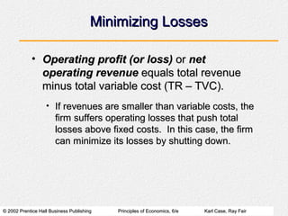 © 2002 Prentice Hall Business Publishing© 2002 Prentice Hall Business Publishing Principles of Economics, 6/ePrinciples of Economics, 6/e Karl Case, Ray FairKarl Case, Ray Fair
Minimizing LossesMinimizing Losses
• If revenues are smaller than variable costs, theIf revenues are smaller than variable costs, the
firm suffers operating losses that push totalfirm suffers operating losses that push total
losses above fixed costs. In this case, the firmlosses above fixed costs. In this case, the firm
can minimize its losses by shutting down.can minimize its losses by shutting down.
• Operating profit (or loss)Operating profit (or loss) oror netnet
operating revenueoperating revenue equals total revenueequals total revenue
minus total variable cost (TR – TVC).minus total variable cost (TR – TVC).
 