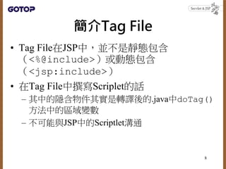 Tag File
? Tag FileJSPУKoB
<%@include>ӑB
<jsp:include>
? Tag File׫ScripletԒ
C е[䌍Dg.javadoTag()
еą^׃
C cJSPеScriptletͨ
8
 