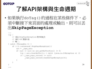 了解API架構與生命週期
• 如果執行doTag()的過程在某些條件下，必
須中斷接下來頁面的處理或輸出，則可以丟
出SkipPageException
24
 