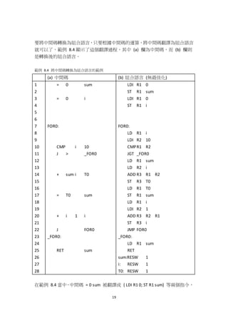 19
要將中間碼轉換為組合語言，只要根據中間碼的運算，將中間碼翻譯為組合語言
就可以了，範例 8.4 顯示了這個翻譯過程，其中 (a) 欄為中間碼，而 (b) 欄則
是轉換後的組合語言。
範例 8.4 將中間碼轉換為組合語言的範例
(a) 中間碼 (b) 組合語言 (無最佳化)
1
2
3
4
5
6
7
8
9
10
11
12
13
14
15
16
17
18
19
20
21
22
23
24
25
26
27
28
= 0 sum
= 0 i
FOR0:
CMP i 10
J > _FOR0
+ sum i T0
= T0 sum
+ i 1 i
J FOR0
_FOR0:
RET sum
LDI R1 0
ST R1 sum
LDI R1 0
ST R1 i
FOR0:
LD R1 i
LDI R2 10
CMPR1 R2
JGT _FOR0
LD R1 sum
LD R2 i
ADD R3 R1 R2
ST R3 T0
LD R1 T0
ST R1 sum
LD R1 i
LDI R2 1
ADD R3 R2 R1
ST R3 i
JMP FOR0
_FOR0:
LD R1 sum
RET
sum:RESW 1
i: RESW 1
T0: RESW 1
在範例 8.4 當中，中間碼 = 0 sum 被翻譯成 { LDI R1 0; ST R1 sum} 等兩個指令，
 