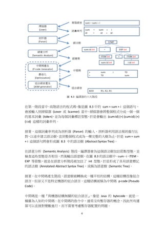 4
圖 8.3 編譯器的六大階段
在第一階段當中，高階語言的程式碼，像是圖 8.3 中的 sum = sum + i 這個語句，
會被輸入到掃描器 (Lexer 或 Scanner) 當中，掃描器會將整個程式分成一個一個
的基本詞彙 (token)，並為每個詞彙標註型態，於是會輸出 (sum:id) (=) (sum:id) (+)
(i:id) 這樣的詞彙串列。
接著，這個詞彙串列成為剖析器 (Parser) 的輸入，剖析器利用語法規則進行比
對，以逐步建立語法樹，直到整個程式成為一棵完整的大樹為止，於是 sum = sum
+ i 這個語句將會形成圖 8.3 中的語法樹 (Abstract Syntax Tree)。
在語意分析 (Semantic Analysis) 階段，編譯器會為這個語法樹加註節點型態，並
檢查這些型態是否相容，然後輸出語意樹，在圖 8.3 的語法樹中，sum、i、ITEM、
EXP 等節點，就是在語意分析階段被加註了 int 型態，於是形成了具有語意標記
的語法樹 (Annotated Abstract Syntax Tree)，或稱為語意樹 (Semantic Tree)。
接著，在中間碼產生階段，語意樹被轉換成一種平坦的結構，這種結構很像組合
語言，但卻又不是特定機器的組合語言，這種結構被稱為中間碼 p-code (Pseudo
Code)。
中間碼是一種『與機器結構無關的組合語言』，像是 Java 的 bytecode，就是一
種廣為人知的中間碼。在中間碼的指令中，通常沒有暫存器的概念，因此所有運
算可以直接對變數進行，而不需要考慮暫存器配置的問題。
 