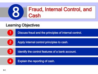 8-1
Fraud, Internal Control, and
Cash8
Learning Objectives
Discuss fraud and the principles of internal control.
Apply internal control principles to cash.
Identify the control features of a bank account.3
Explain the reporting of cash.
2
1
4
 