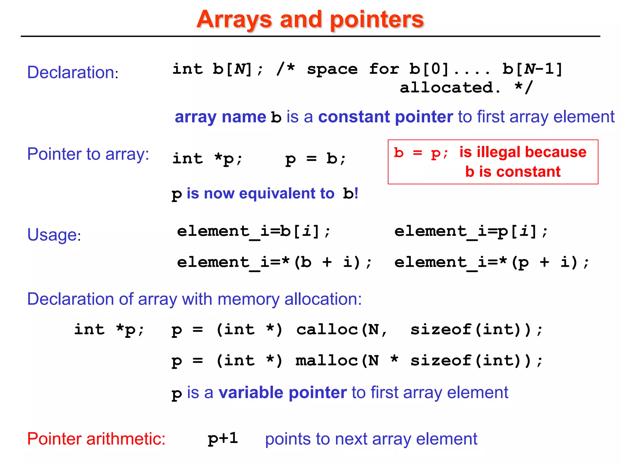 Arrays and pointers
Declaration: int b[N]; /* space for b[0].... b[N-1]
allocated. */
Usage:
p = (int *) calloc(N, sizeof(int));
p = (int *) malloc(N * sizeof(int));
Pointer arithmetic: p+1
Pointer to array: int *p; p = b;
element_i=b[i]; element_i=p[i];
element_i=*(p + i);
element_i=*(b + i);
array name b is a constant pointer to first array element
points to next array element
Declaration of array with memory allocation:
p is a variable pointer to first array element
int *p;
b = p; is illegal because
b is constant
p is now equivalent to b!
 