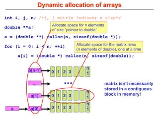 Dynamic allocation of arrays
int i, j, n; /*i, j matrix indices; n size*/
double **a;
a = (double **) calloc(n, sizeof(double *));
for (i = 0; i < n; ++i)
a[i] = (double *) calloc(n, sizeof(double));
Allocate space for n elements
of size “pointer to double“
Allocate space for the matrix rows
(n elements of double), one at a time
a[1]
...
a[0]
a[n-1]
n
-
1
3
1 2
0
n
-
1
3
1 2
0
n
-
1
3
1 2
0
a
... matrix isn‘t necessarily
stored in a contiguous
block in memory!
 