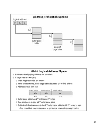 27
Address-Translation Scheme
64-bit Logical Address Space
Even two-level paging scheme not sufficient
If page size is 4 KB (212)
Then page table has 252 entries
If two level scheme, inner page tables could be 210 4-byte entries
Address would look like
Outer page table has 242 entries or 244 bytes
One solution is to add a 2nd outer page table
But in the following example the 2nd outer page table is still 234 bytes in size
And possibly 4 memory access to get to one physical memory location
 