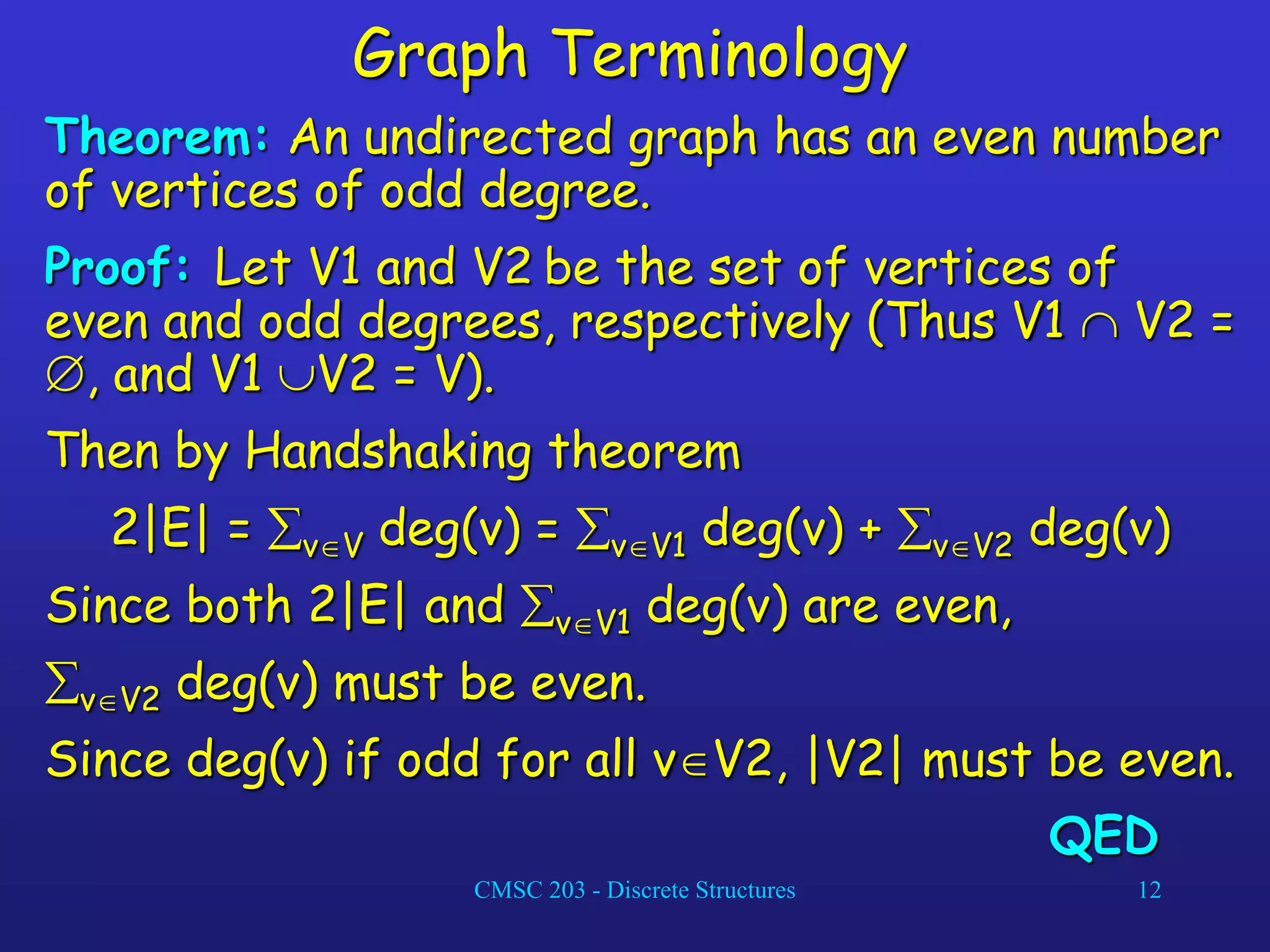 CMSC 203 - Discrete Structures 12
Graph Terminology
Theorem: An undirected graph has an even number
of vertices of odd degree.
Proof: Let V1 and V2 be the set of vertices of
even and odd degrees, respectively (Thus V1  V2 =
, and V1 V2 = V).
Then by Handshaking theorem
2|E| = vV deg(v) = vV1 deg(v) + vV2 deg(v)
Since both 2|E| and vV1 deg(v) are even,
vV2 deg(v) must be even.
Since deg(v) if odd for all vV2, |V2| must be even.
QED
 