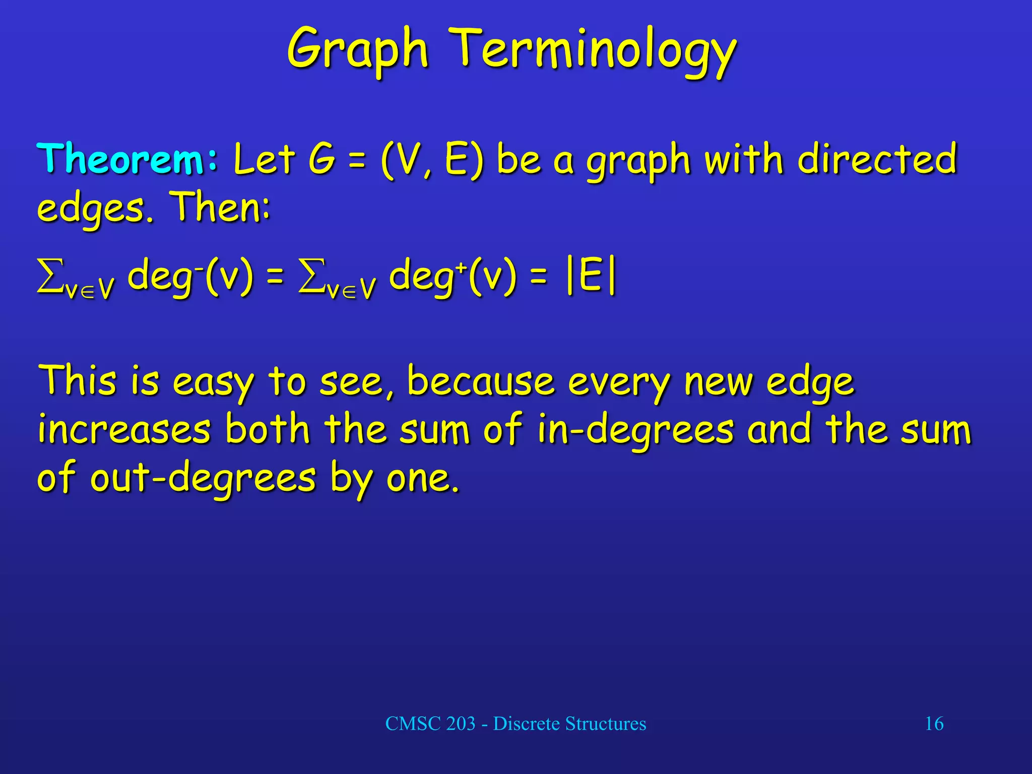 CMSC 203 - Discrete Structures 16
Graph Terminology
Theorem: Let G = (V, E) be a graph with directed
edges. Then:
vV deg-(v) = vV deg+(v) = |E|
This is easy to see, because every new edge
increases both the sum of in-degrees and the sum
of out-degrees by one.
 