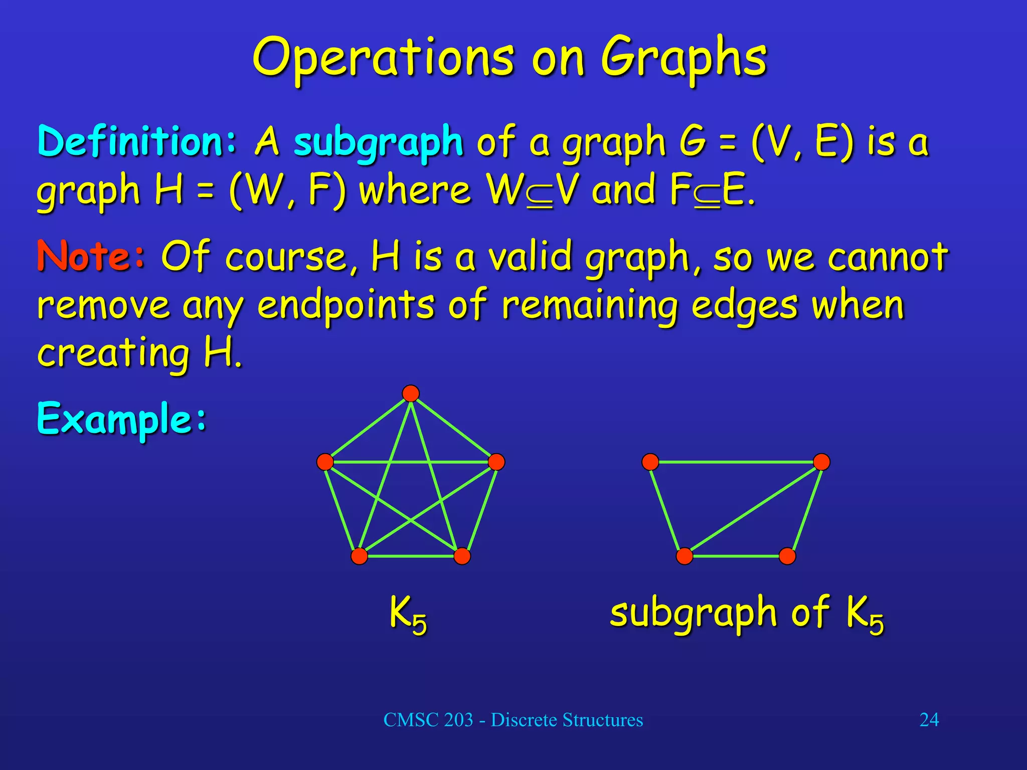 CMSC 203 - Discrete Structures 24
Operations on Graphs
Definition: A subgraph of a graph G = (V, E) is a
graph H = (W, F) where WV and FE.
Note: Of course, H is a valid graph, so we cannot
remove any endpoints of remaining edges when
creating H.
Example:
K5 subgraph of K5
 