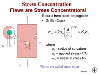 Chapter 8 - 11
Flaws are Stress Concentrators!
Results from crack propagation
• Griffith Crack
where
t = radius of curvature
so = applied stress=F/A
sm = stress at crack tip
o
t
/
t
o
m K
a
s










s

s
2
1
2
t
Stress Concentration
Flaws: are called stress raiser
 