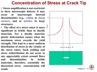 Chapter 8 - 12
Concentration of Stress at Crack Tip
• Stress amplification is not restricted
to these microscopic defects; it may
occur at macroscopic internal
discontinuities (e.g., voids), at sharp
corners, and at notches in large
structures.
• The effect of a stress raiser is more
significant in brittle than in ductile
materials. For a ductile material,
plastic deformation ensues when the
maximum stress exceeds the yield
strength. This lead to a more uniform
distribution of stress in the vicinity of
the stress raiser. Such yielding and
stress redistribution do not occur to
any appreciable extent around flaws
and discontinuities in brittle
materials; therefore, essentially the
theoretical stress concentration will
result.
 