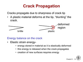 Chapter 8 - 14
Crack Propagation
Cracks propagate due to sharpness of crack tip
• A plastic material deforms at the tip, “blunting” the
crack.
deformed
region
brittle
Energy balance on the crack
• Elastic strain energy-
• energy stored in material as it is elastically deformed
• this energy is released when the crack propagates
• creation of new surfaces requires energy
plastic
 