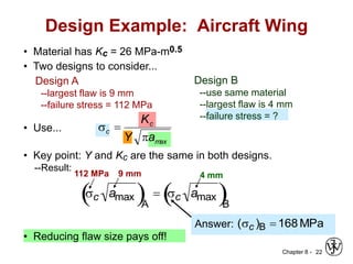 Chapter 8 - 22
• Two designs to consider...
Design A
--largest flaw is 9 mm
--failure stress = 112 MPa
Design B
--use same material
--largest flaw is 4 mm
--failure stress = ?
• Key point: Y and Kc are the same in both designs.
Answer: MPa
168
)
( B 
sc
• Reducing flaw size pays off!
• Material has Kc = 26 MPa-m0.5
Design Example: Aircraft Wing
• Use...
max
c
c
a
Y
K


s

sc amax
 A
 sc amax
 B
9 mm
112 MPa 4 mm
--Result:
 