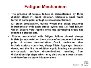 Chapter 8 -
Fatigue Mechanism
• The process of fatigue failure is characterized by three
distinct steps: (1) crack initiation, wherein a small crack
forms at some point of high stress concentration;
(2) crack propagation, during which this crack advances
incrementally with each stress cycle; and (3) final failure,
which occurs very rapidly once the advancing crack has
reached a critical size.
• Cracks associated with fatigue failure almost always
initiate (or nucleate) on the surface of a component at some
point of stress concentration. Crack nucleation sites
include surface scratches, sharp fillets, keyways, threads,
dents, and the like. In addition, cyclic loading can produce
microscopic surface discontinuities resulting from
dislocation slip steps which may also act as stress raisers,
and therefore as crack initiation sites.
32
 