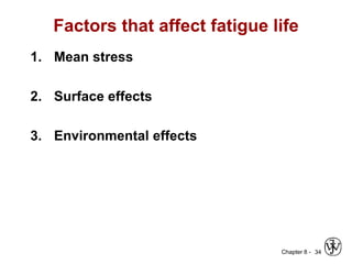 Chapter 8 -
Factors that affect fatigue life
1. Mean stress
2. Surface effects
3. Environmental effects
34
 