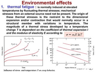 Chapter 8 -
Environmental effects
1. thermal fatigue : is normally induced at elevated
temperatures by fluctuating thermal stresses; mechanical
stresses from an external source need not be present. The origin of
these thermal stresses is the restraint to the dimensional
expansion and/or contraction that would normally occur in a
structural member with variations in temperature. The
magnitude of a thermal stress developed by a temperature
change T is dependent on the coefficient of thermal expansion l
and the modulus of elasticity E according to
•
37
Influence of stress and temperature T on creep behavior.
 
