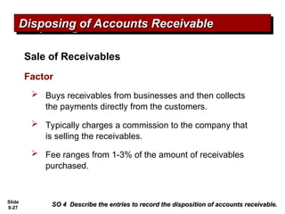 Slide
8-27
SO 4 Describe the entries to record the disposition of accounts receivable.
SO 4 Describe the entries to record the disposition of accounts receivable.
Disposing of Accounts Receivable
Disposing of Accounts Receivable
Sale of Receivables
Factor
 Buys receivables from businesses and then collects
the payments directly from the customers.
 Typically charges a commission to the company that
is selling the receivables.
 Fee ranges from 1-3% of the amount of receivables
purchased.
 