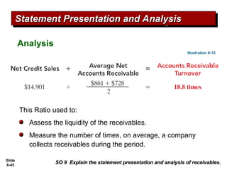 Slide
8-45
Analysis
This Ratio used to:
Assess the liquidity of the receivables.
Measure the number of times, on average, a company
collects receivables during the period.
SO 9 Explain the statement presentation and analysis of receivables.
SO 9 Explain the statement presentation and analysis of receivables.
Statement Presentation and Analysis
Statement Presentation and Analysis
Illustration 8-15
 