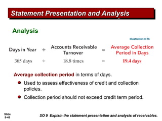 Slide
8-46
Average collection period in terms of days.
Used to assess effectiveness of credit and collection
policies.
Collection period should not exceed credit term period.
SO 9 Explain the statement presentation and analysis of receivables.
SO 9 Explain the statement presentation and analysis of receivables.
Statement Presentation and Analysis
Statement Presentation and Analysis
Analysis
Illustration 8-16
 