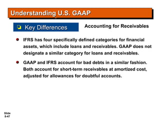 Slide
8-47
IFRS has four specifically defined categories for financial
assets, which include loans and receivables. GAAP does not
designate a similar category for loans and receivables.
GAAP and IFRS account for bad debts in a similar fashion.
Both account for short-term receivables at amortized cost,
adjusted for allowances for doubtful accounts.
Understanding U.S. GAAP
Understanding U.S. GAAP
Key Differences
Key Differences Accounting for Receivables
 
