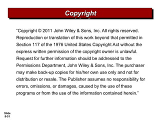 Slide
8-51
“Copyright © 2011 John Wiley & Sons, Inc. All rights reserved.
Reproduction or translation of this work beyond that permitted in
Section 117 of the 1976 United States Copyright Act without the
express written permission of the copyright owner is unlawful.
Request for further information should be addressed to the
Permissions Department, John Wiley & Sons, Inc. The purchaser
may make back-up copies for his/her own use only and not for
distribution or resale. The Publisher assumes no responsibility for
errors, omissions, or damages, caused by the use of these
programs or from the use of the information contained herein.”
Copyright
Copyright
 