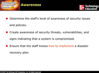 Awareness



Determine the staff’s level of awareness of security issues

and policies.

Create awareness of security threats, vulnerabilities, and

signs indicating that a system is compromised.

Ensure that the staff knows how to implement a disaster

recovery plan.
 