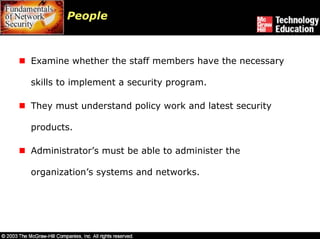 People



Examine whether the staff members have the necessary

skills to implement a security program.

They must understand policy work and latest security

products.

Administrator’s must be able to administer the

organization’s systems and networks.
 