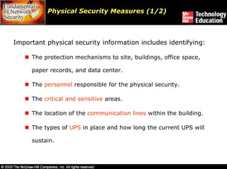 Physical Security Measures (1/2)



Important physical security information includes identifying:

     The protection mechanisms to site, buildings, office space,

     paper records, and data center.

     The personnel responsible for the physical security.

     The critical and sensitive areas.

     The location of the communication lines within the building.

     The types of UPS in place and how long the current UPS will

     sustain.
 