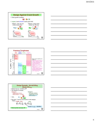 10/4/2016
6
Chapter 8 -
• Crack growth condition:
• Largest, most stressed cracks grow first!
Design Against Crack Growth
Kc = aY πσ
--Result 1: Max. flaw size
dictates design stress.
max
c
design
aY
K
π
<σ
σ
amax
no
fracture
fracture
--Result 2: Design stress
dictates max. flaw size.
2
1








σπ
<
design
c
max
Y
K
a
amax
σ
no
fracture
fracture
Chapter 8 -
Fracture Toughness
Based on data in Table B5,p-A16
Callister 7e.
Composite reinforcement geometry is: f
= fibers; sf = short fibers; w = whiskers;
p = particles. Addition data as noted
(vol. fraction of reinforcement):
1. (55vol%) ASM Handbook, Vol. 21, ASM Int.,
Materials Park, OH (2001) p. 606.
2. (55 vol%) Courtesy J. Cornie, MMC, Inc.,
Waltham, MA.
3. (30 vol%) P.F. Becher et al., Fracture
Mechanics of Ceramics, Vol. 7, Plenum Press
(1986). pp. 61-73.
4. Courtesy CoorsTek, Golden, CO.
5. (30 vol%) S.T. Buljan et al., "Development of
Ceramic Matrix Composites for Application in
Technology for Advanced Engines Program",
ORNL/Sub/85-22011/2, ORNL, 1992.
6. (20vol%) F.D. Gace et al., Ceram. Eng. Sci.
Proc., Vol. 7 (1986) pp. 978-82.
Graphite/
Ceramics/
Semicond
Metals/
Alloys
Composites/
fibers
Polymers
5
KIc(MPa·m0.5)
1
Mg alloys
Al alloys
Ti alloys
Steels
Si crystal
Glass -soda
Concrete
Si carbide
PC
Glass 6
0.5
0.7
2
4
3
10
20
30
<100>
<111>
Diamond
PVC
PP
Polyester
PS
PET
C-C(|| fibers) 1
0.6
6
7
40
50
60
70
100
Al oxide
Si nitride
C/C( fibers) 1
Al/Al oxide(sf) 2
Al oxid/SiC(w) 3
Al oxid/ZrO 2(p)4
Si nitr/SiC(w) 5
Glass/SiC(w) 6
Y2O3/ZrO 2(p)4
Chapter 8 -
• Two designs to consider...
Design A
--largest flaw is 9 mm
--failure stress = 112 MPa
Design B
--use same material
--largest flaw is 4 mm
--failure stress = ?
• Key point: Y and Kc are the same in both designs.
Answer: MPa168)( B =σc
• Reducing flaw size pays off!
• Material has Kc = 26 MPa-m0.5
Design Example: Aircraft Wing
Stress VS amax
• Use...
max
c
c
aY
K
π
=σ
σc amax( )A
= σc amax( )B
9 mm112 MPa 4 mm
--Result:
 