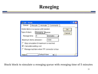 11
Stack block to simulate a reneging queue with reneging time of 5 minutes
Reneging
 