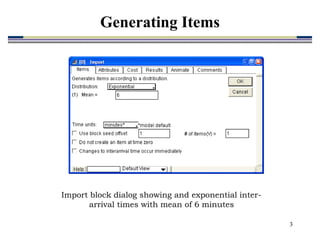3
Import block dialog showing and exponential inter-
arrival times with mean of 6 minutes
Generating Items
 