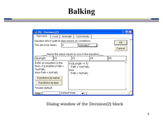 9
Dialog window of the Decision(2) block
Balking
 