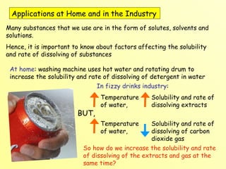 Applications at Home and in the Industry  Many substances that we use are in the form of solutes, solvents and solutions.  Hence, it is important to know about factors affecting the solubility and rate of dissolving of substances At home : washing machine uses hot water and rotating drum to increase the solubility and rate of dissolving of detergent in water In fizzy drinks industry :  Temperature of water,  Solubility and rate of dissolving extracts BUT, Temperature of water,  Solubility and rate of dissolving of carbon dioxide gas So how do we increase the solubility and rate of dissolving of the extracts and gas at the same time? 