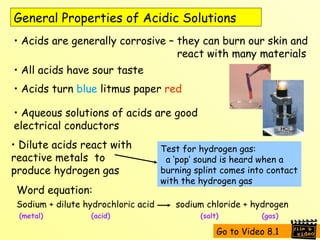 General Properties of Acidic Solutions Acids are generally corrosive – they can burn our skin and     react with many materials All acids have sour taste Acids turn  blue  litmus paper  red Dilute acids react with reactive metals  to produce hydrogen gas Aqueous solutions of acids are good electrical conductors Test for hydrogen gas:    a ‘pop’ sound is heard when a burning splint comes into contact with the hydrogen gas Sodium + dilute hydrochloric acid  sodium chloride + hydrogen (metal) (acid) (salt) (gas) Word equation: Go to Video 8.1 