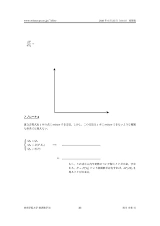 www.seinan-gu.ac.jp/˜shito 2020 6 25 10:41
dP
dY0
=
2
1 reduce 1 reduce



Qd = Qs
Qd = D(P, Y0)
Qs = S(P)
=⇒
↔
P = P(Y0) dP/dY0
II 20
 