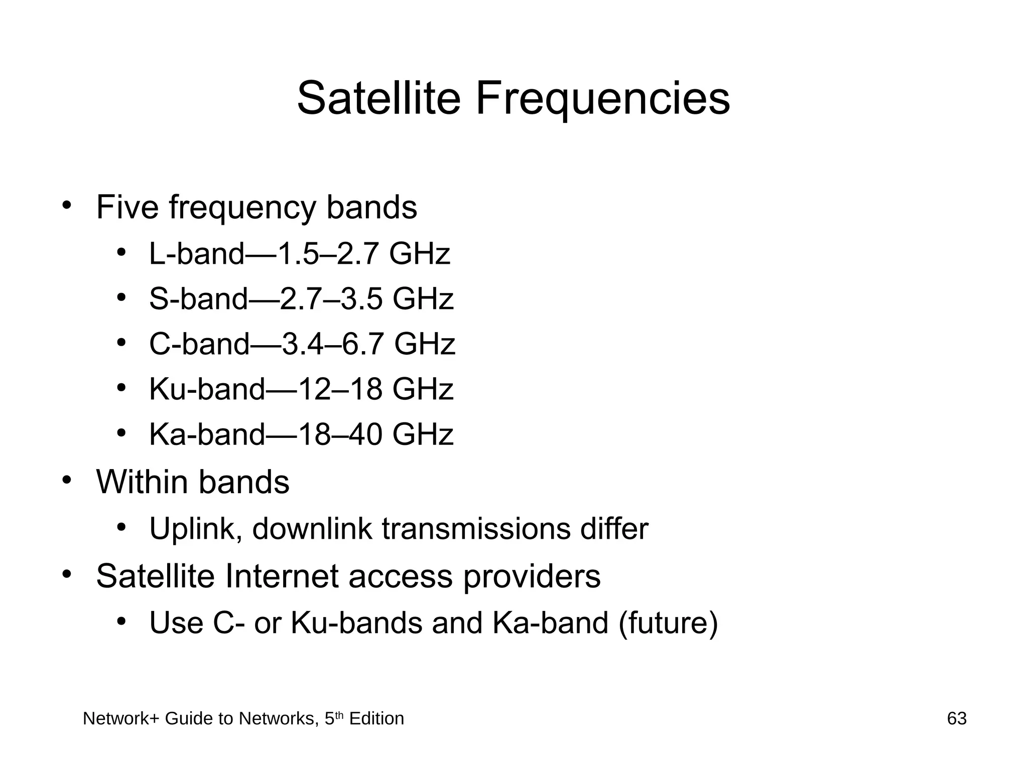 Network+ Guide to Networks, 5th
Edition 63
Satellite Frequencies
• Five frequency bands
●
L-band—1.5–2.7 GHz
●
S-band—2.7–3.5 GHz
●
C-band—3.4–6.7 GHz
●
Ku-band—12–18 GHz
●
Ka-band—18–40 GHz
• Within bands
●
Uplink, downlink transmissions differ
• Satellite Internet access providers
●
Use C- or Ku-bands and Ka-band (future)
 