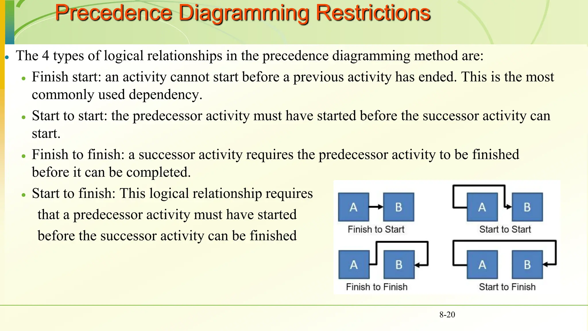 Precedence Diagramming Restrictions
 The 4 types of logical relationships in the precedence diagramming method are:
 Finish start: an activity cannot start before a previous activity has ended. This is the most
commonly used dependency.
 Start to start: the predecessor activity must have started before the successor activity can
start.
 Finish to finish: a successor activity requires the predecessor activity to be finished
before it can be completed.
 Start to finish: This logical relationship requires
that a predecessor activity must have started
before the successor activity can be finished
8-20
 