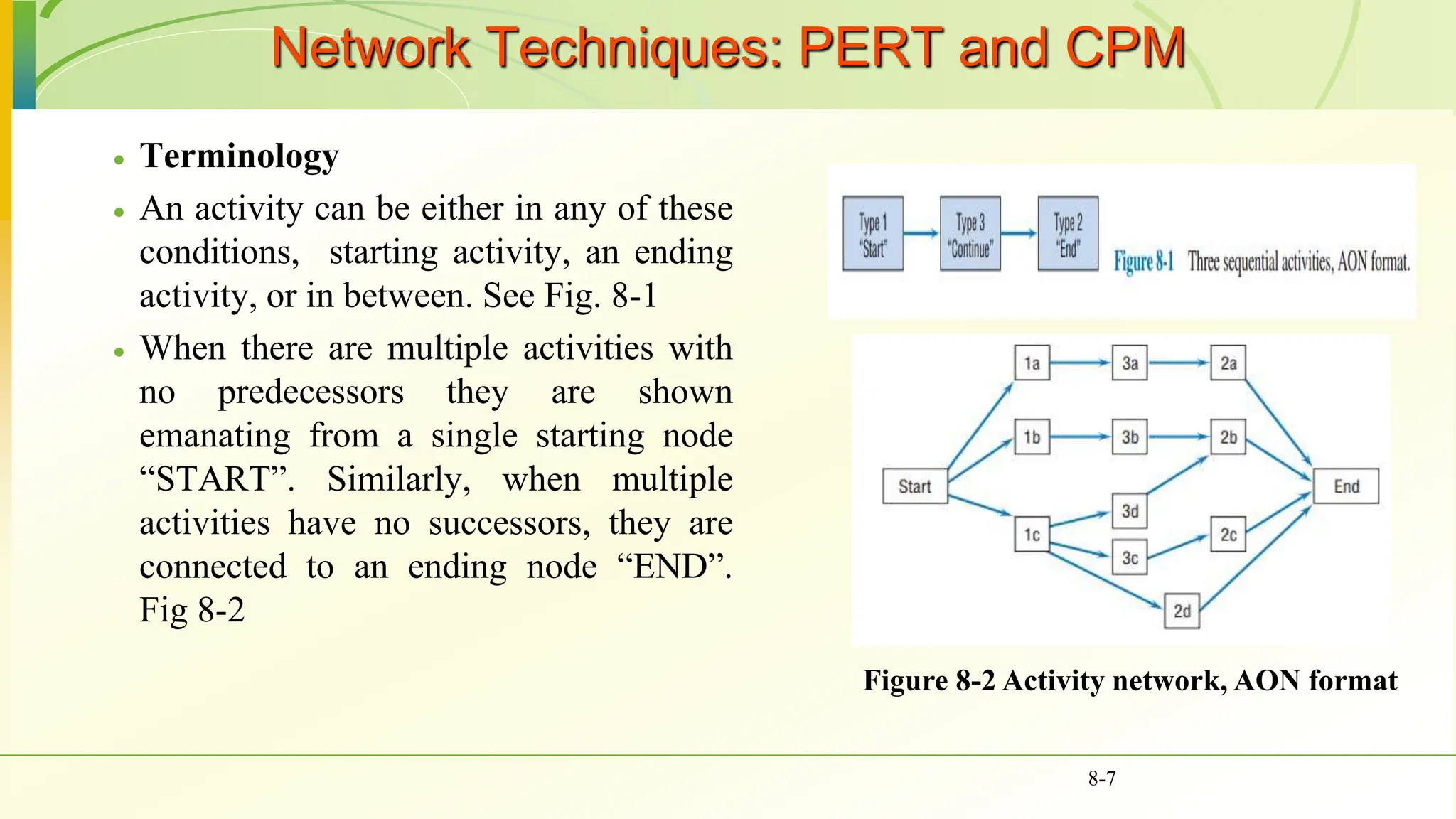 Network Techniques: PERT and CPM
 Terminology
 An activity can be either in any of these
conditions, starting activity, an ending
activity, or in between. See Fig. 8-1
 When there are multiple activities with
no predecessors they are shown
emanating from a single starting node
“START”. Similarly, when multiple
activities have no successors, they are
connected to an ending node “END”.
Fig 8-2
8-7
Figure 8-2 Activity network, AON format
 